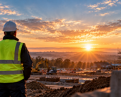 Construction site manager in hi-vis jacket watching the sunrise over a building site