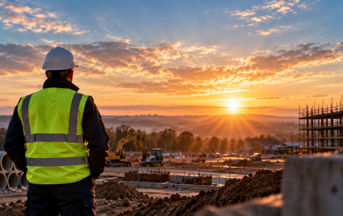 Construction site manager in hi-vis jacket watching the sunrise over a building site